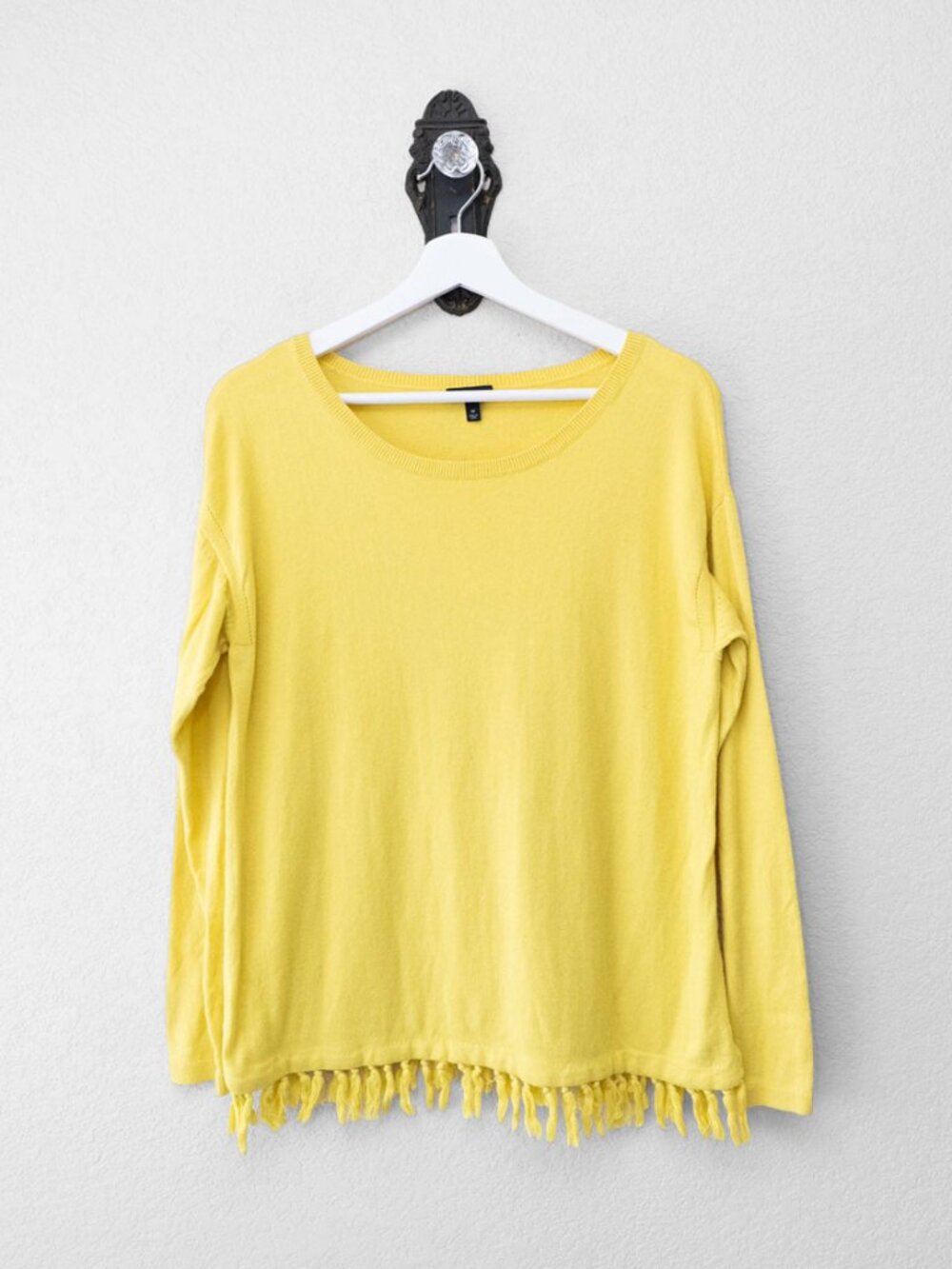 Talbots Sweater Womens M Yellow Cashmere Blend Fringe Hem Knit Pullover Top